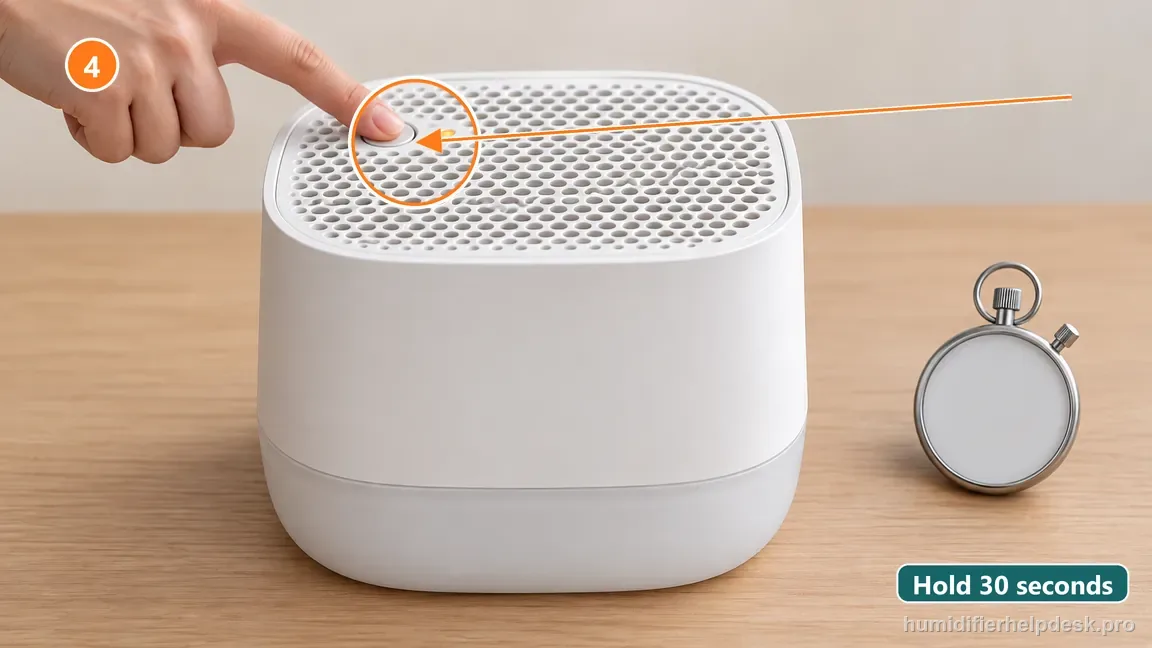 A finger holds the Bedside 2.0 top On/Off button beside the filter indicator while a timer illustrates the 30-second reset.