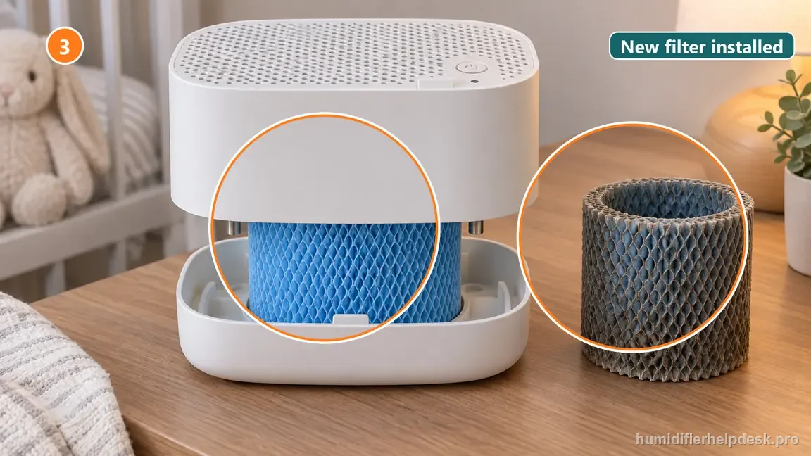 A fresh blue wick is fitted in the Bedside 2.0 tray beside the removed crusty wick for a clear replacement comparison.