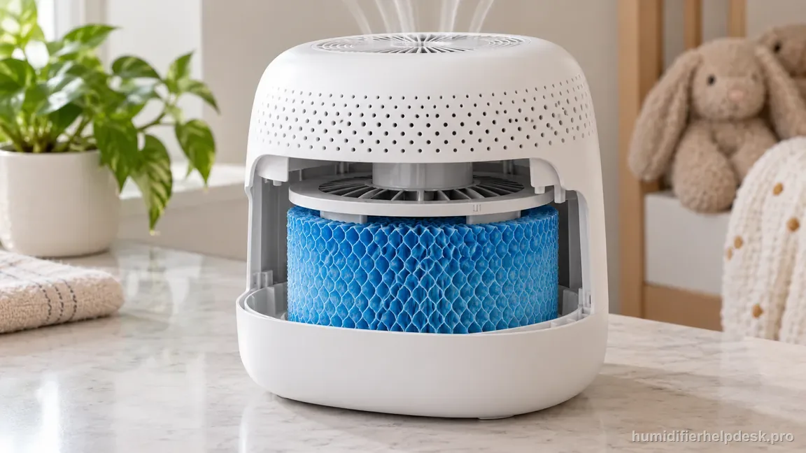 The Canopy Bedside/Nursery 2.0 is shown with its blue evaporative wick seated beneath the fan module.