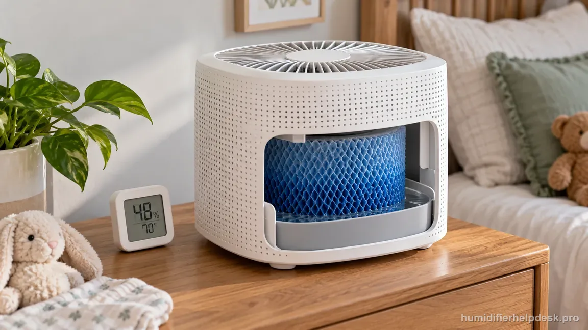 The Canopy Bedside/Nursery 2.0 sits beside a room humidity meter, with the blue wick visibly wet in its tray.