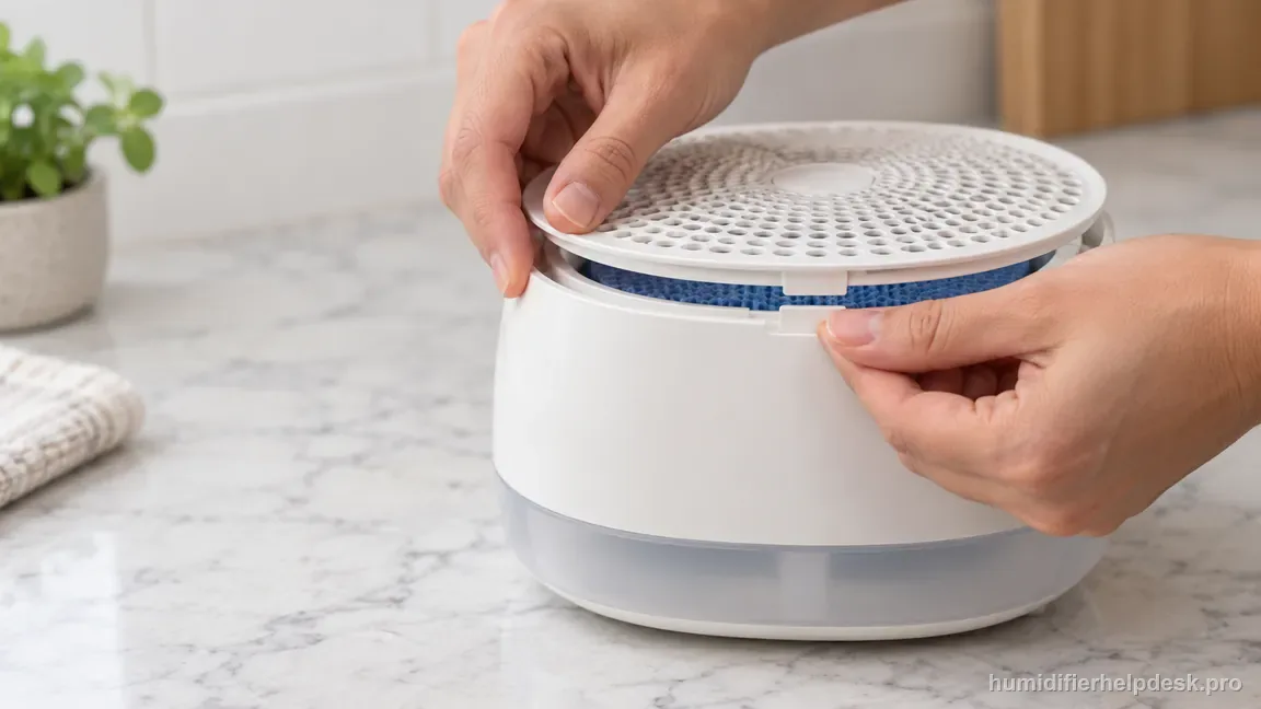 Hands press the Canopy Bedside/Nursery 2.0 grate and spacer into alignment over the seated blue wick.
