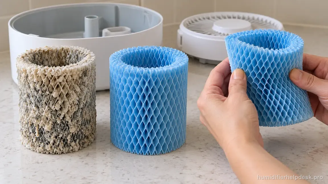 A mineral-crusted rigid wick is compared with clean replacement wicks for the Canopy Bedside/Nursery 2.0.