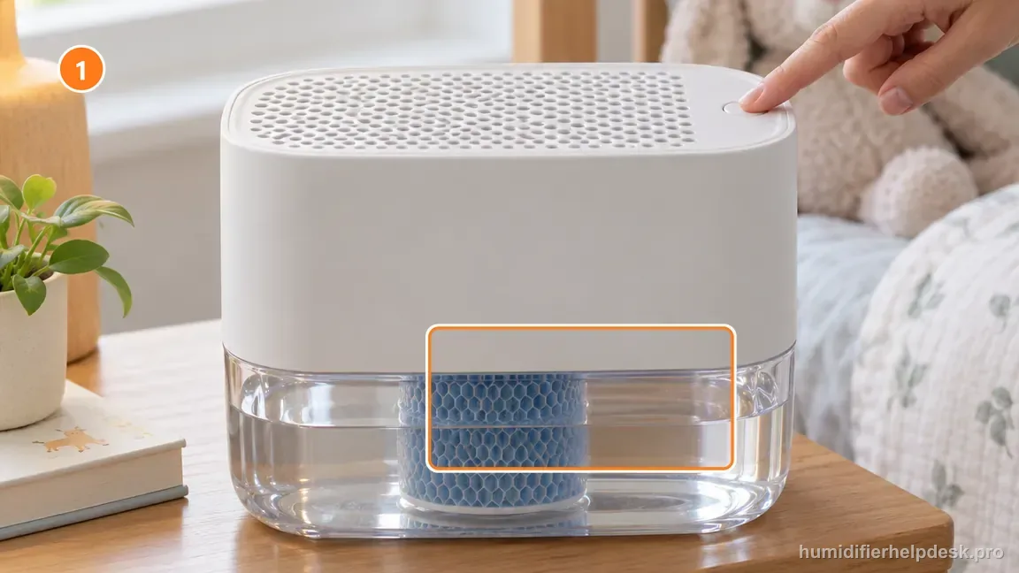 A hand touches the single top control on the compact Canopy Nursery 2.0 while water and its blue cylindrical wick remain in the clear tank.