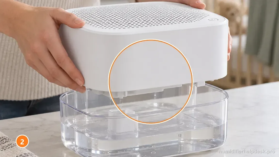Hands lift the compact Canopy 2.0 fan body from its matching clear rounded-rectangular water tank on a dry counter.