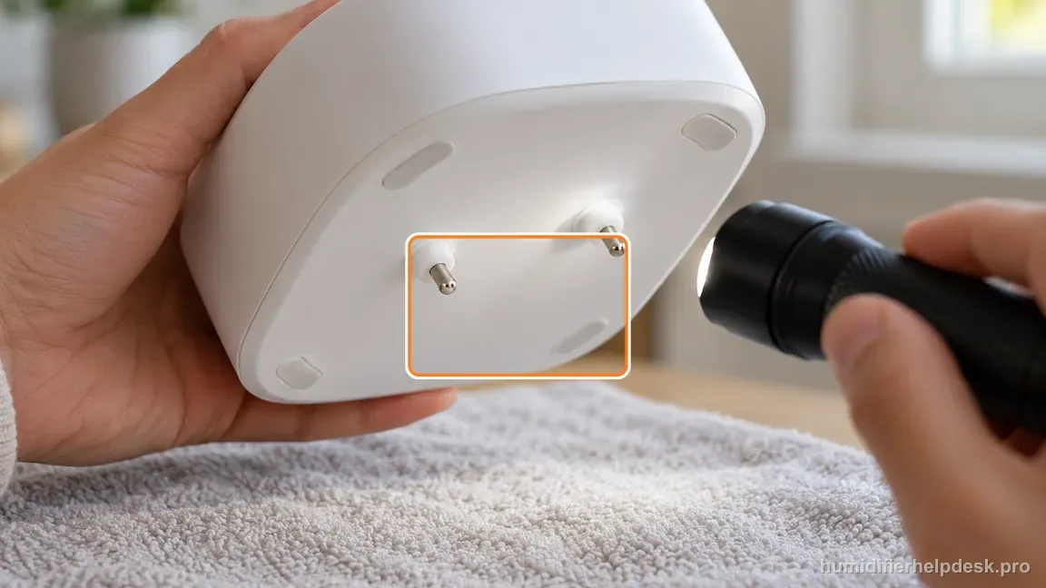 A flashlight checks the two clean metal water probes on the dry underside of the Canopy 2.0 body.
