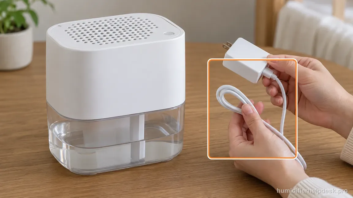 A hand checks the dry external cable and adapter beside the compact Canopy unit with its round-hole grille on top.