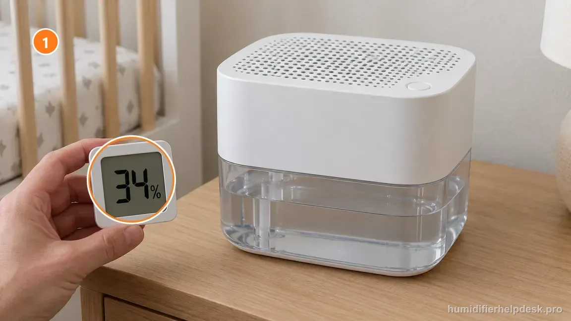 A compact Canopy Nursery 2.0 sits beside a handheld digital hygrometer showing a dry-room reading of 34 percent RH.