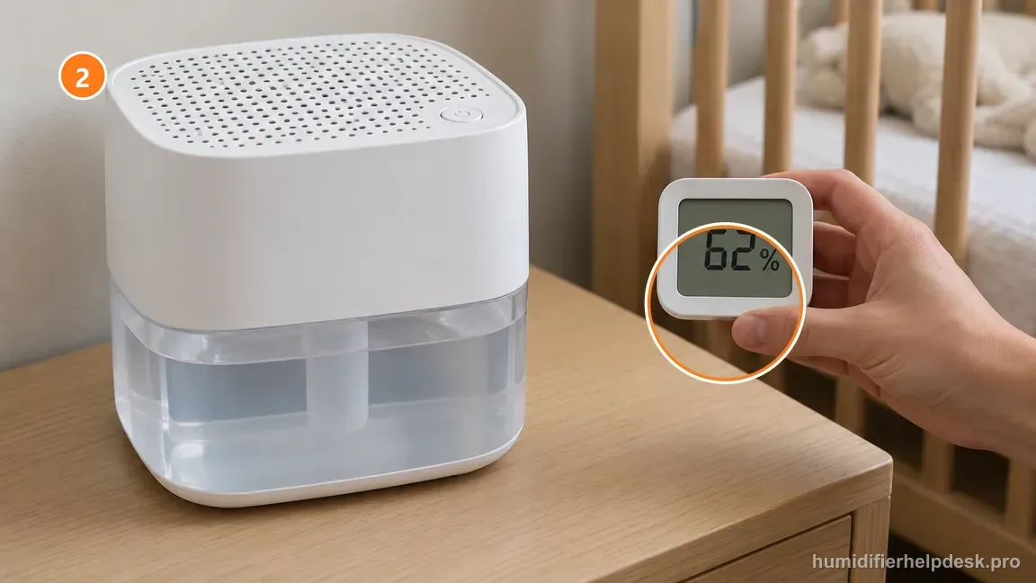 The Canopy Nursery 2.0 tank and top round-hole grate sit beside a digital room hygrometer reading 62 percent RH.