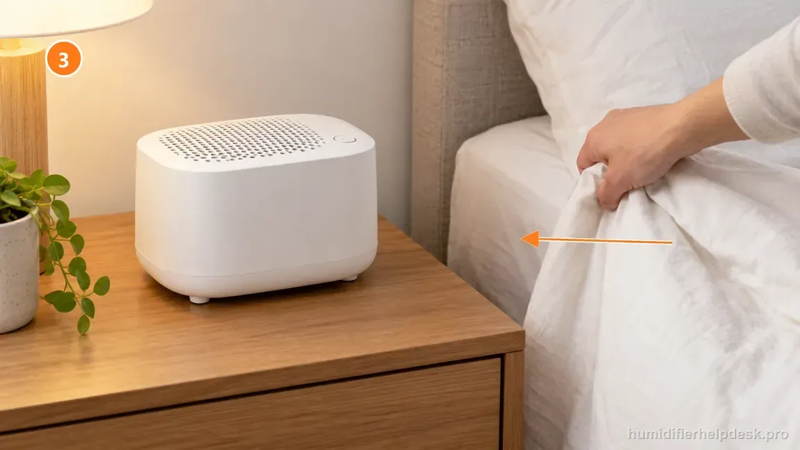 A hand draws bedding away from the compact Canopy Nursery humidifier to leave open space around its airflow path.