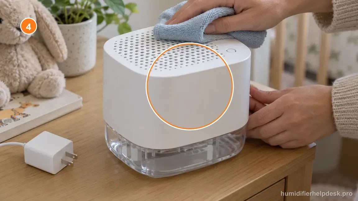 A cloth wipes the round-perforated top of the compact Canopy Nursery 2.0 while its power adapter is disconnected.