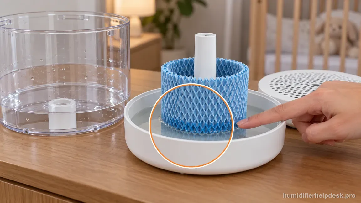The lower honeycomb mesh of a blue cylindrical wick touches water in the Canopy tray, showing normal wet contact.