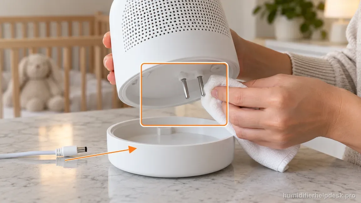 With the unit disconnected, a soft cloth wipes the two metal water probes on the underside of the Nursery body.