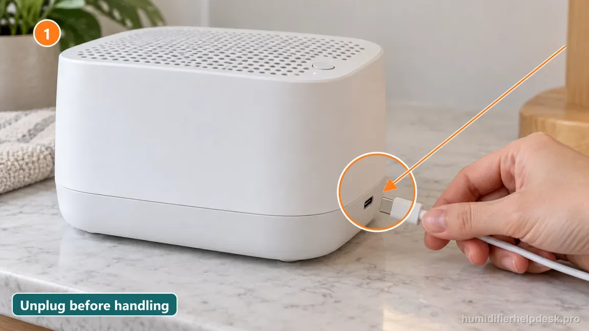 A hand disconnects the external USB-C plug from the Bedside 2.0 side port before lifting removable parts.