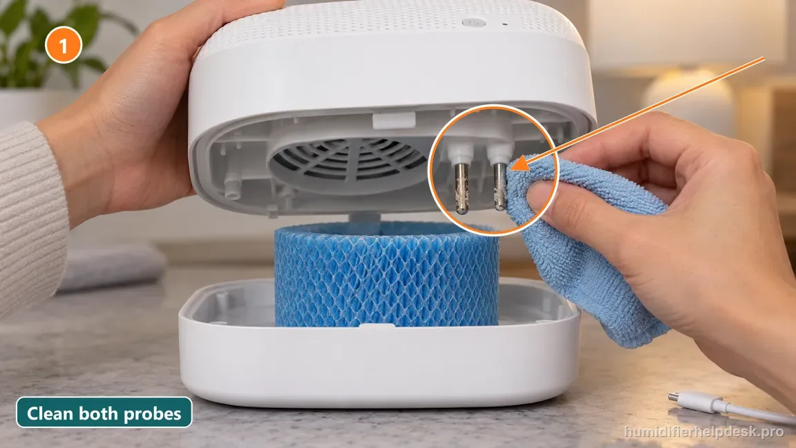 The unplugged Bedside 2.0 body is lifted over its blue wick while a damp cloth wipes mineral scale from both metal water probes.