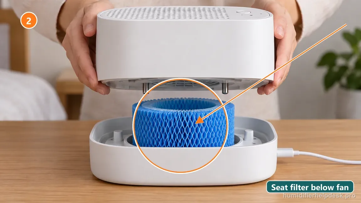 The Bedside 2.0 upper body is aligned over the blue cylindrical wick fully seated in its white tray with fan clearance visible.