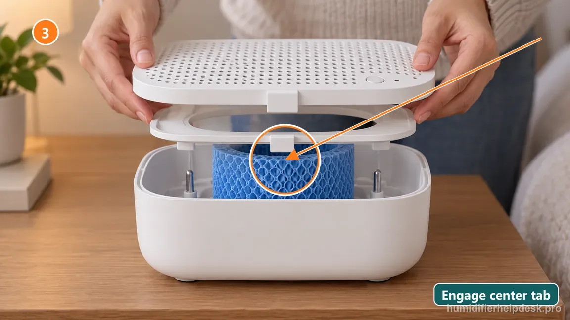 Hands lower the Bedside 2.0 perforated grate and separate spacer together, aligning their front center tab near the On/Off button.