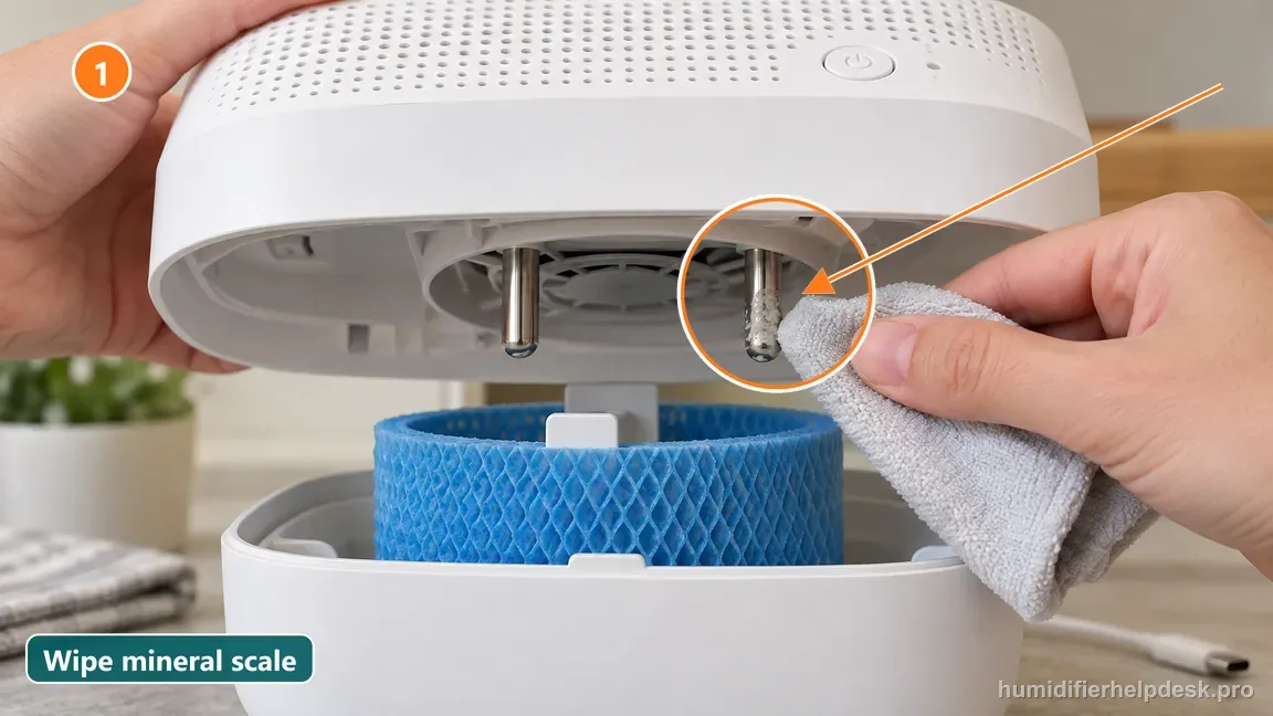 A damp cloth gently wipes visible mineral deposits from one of the two metal probes beneath the unplugged Bedside 2.0 body.