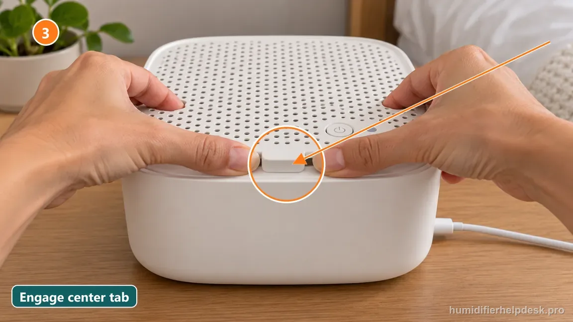 Hands engage the Bedside 2.0 front spacer and grate center tab beside the top On/Off button until the grate sits flush.