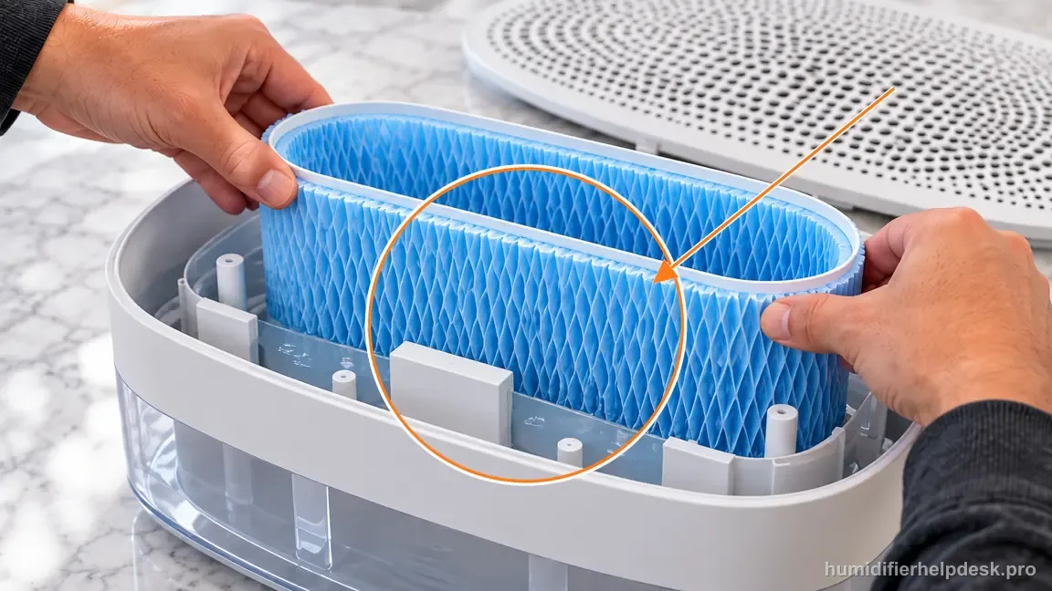 Instructional repair photo: the blue wick filter is lowered into the matching tray slot.