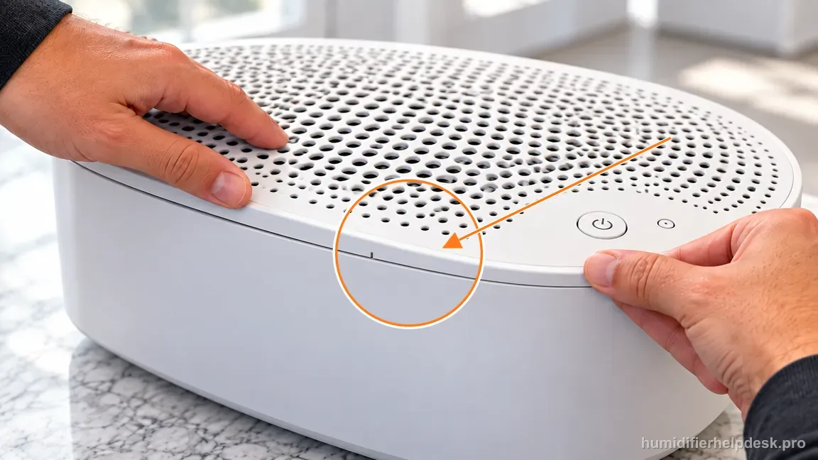 Instructional repair photo: the removable perforated top grate is aligned to the power-button-side magnet.