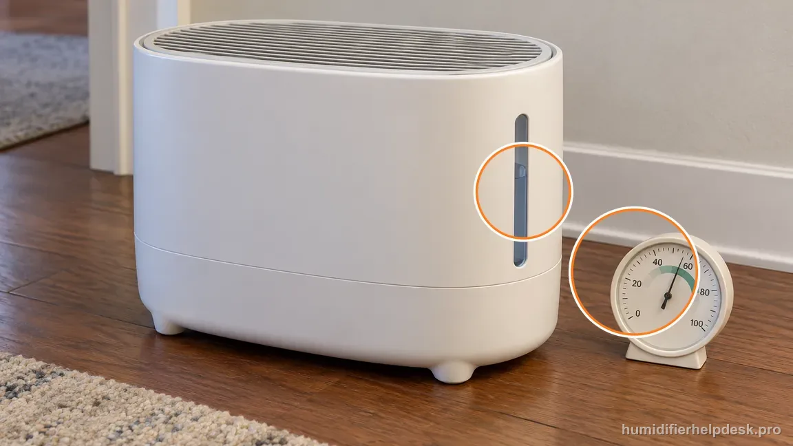 Instructional photo: the Canopy-style Large Room oval evaporative humidifier and a room hygrometer are visible together.