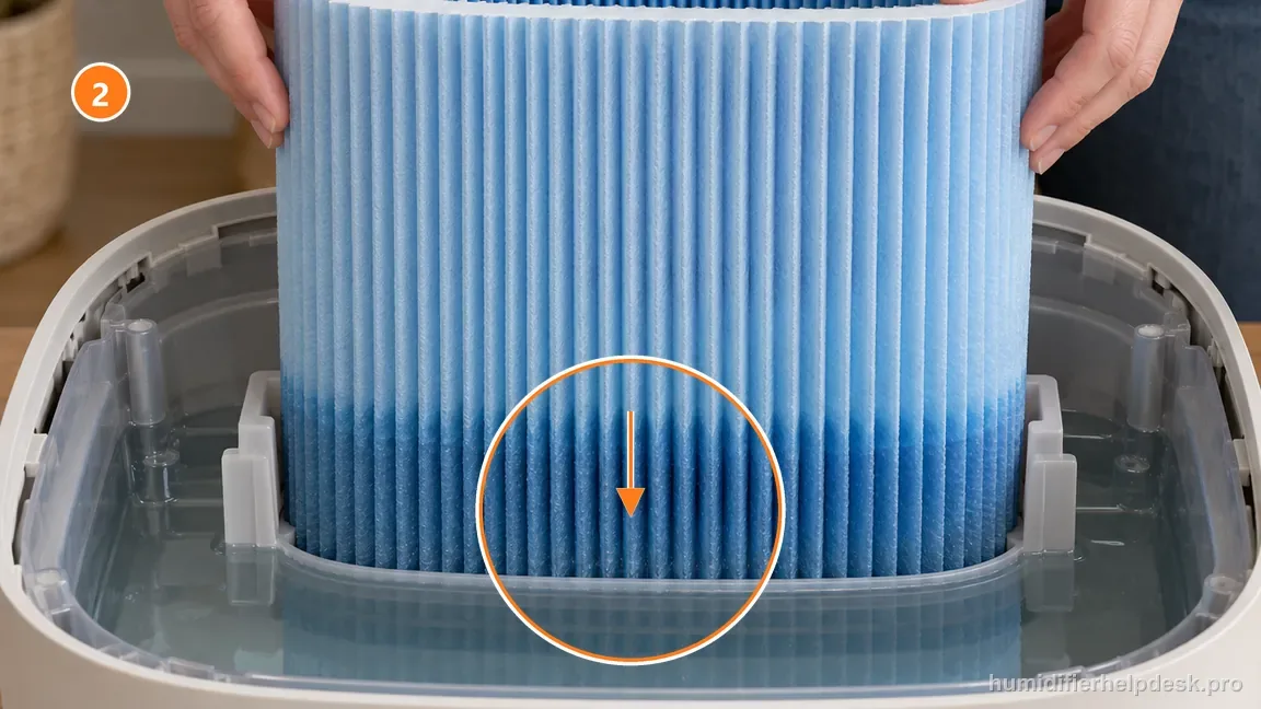 Instructional repair photo: hands seat an evenly wetted blue wick filter flat in the clear tray.