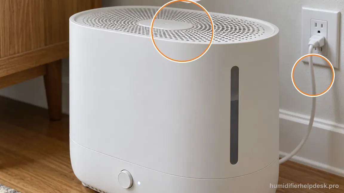 Instructional photo: the powered humidifier is plugged in, tissue deflects over the grille, and the exhaust has no visible mist.