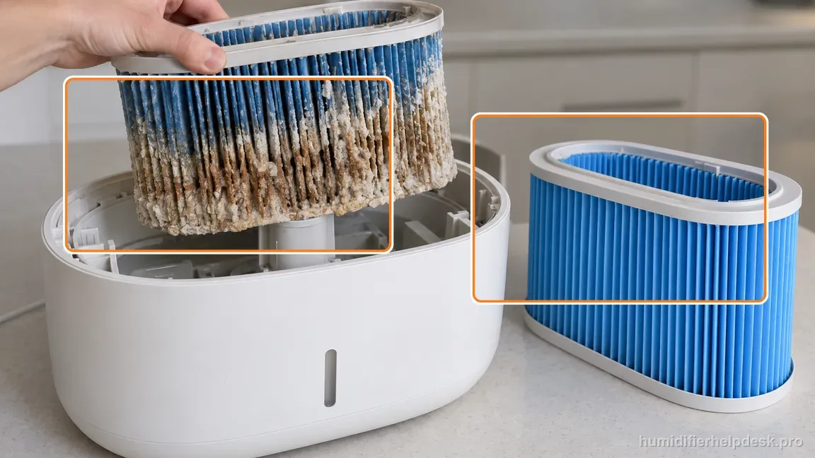 Instructional repair photo: a mineral-hardened filter is lifted beside its clean replacement.