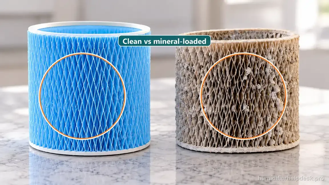 Instructional comparison photo: clean blue and mineral-loaded wick filters are shown side by side.