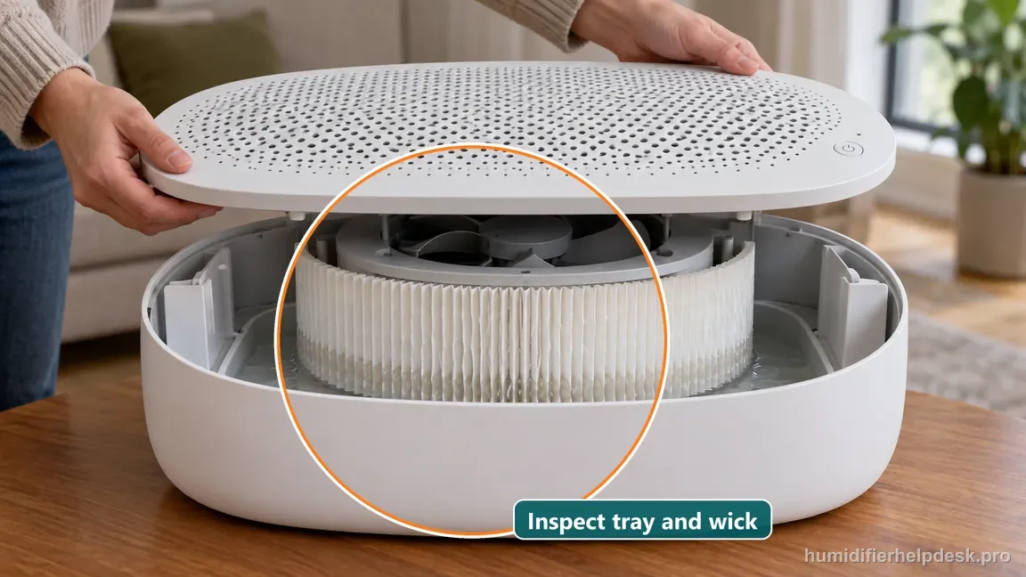 A hand checks the remaining water and damp white pleated wick in the Canopy Large Room tray.