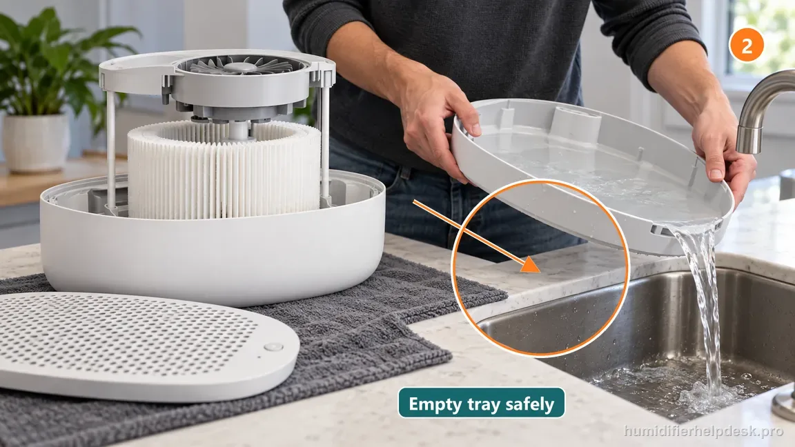 The removable water tray is tipped carefully toward a sink while the Large Room wick is lifted clear.