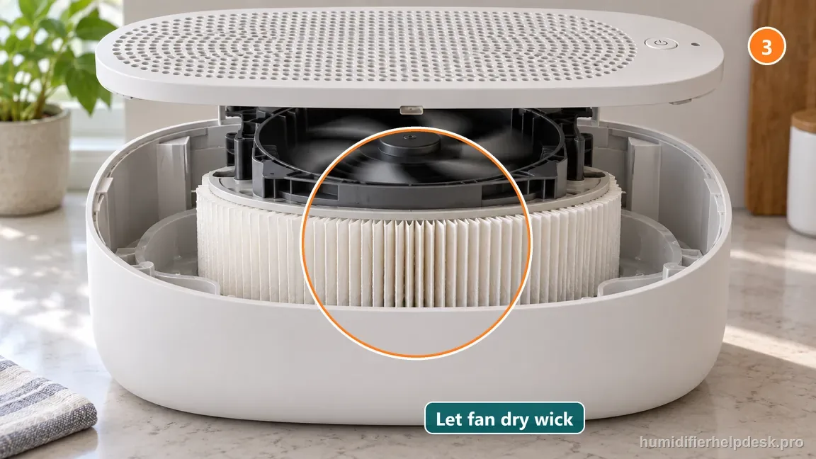 The Canopy Large Room fan and white pleated wick are visible beneath its raised grate, with airflow allowed around the damp wick.