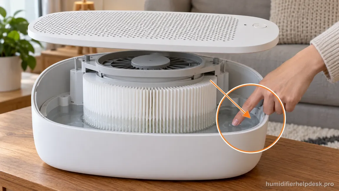 A damp Large Room wick remains in the tray with water present as the fan runs.