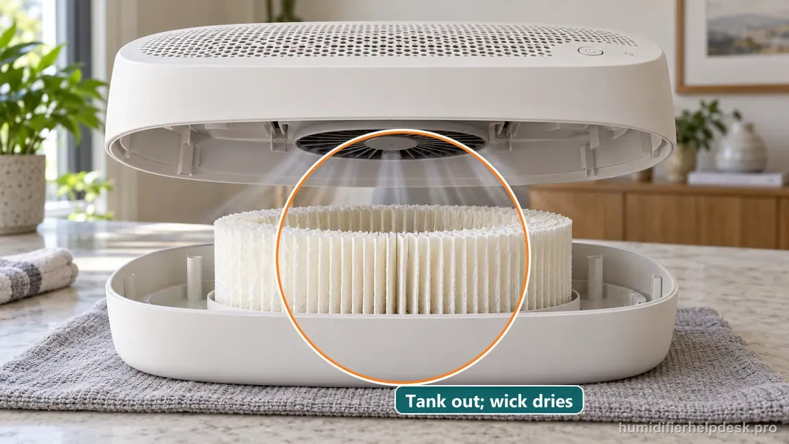 The tank is removed while the Large Room fan dries the exposed damp white wick.