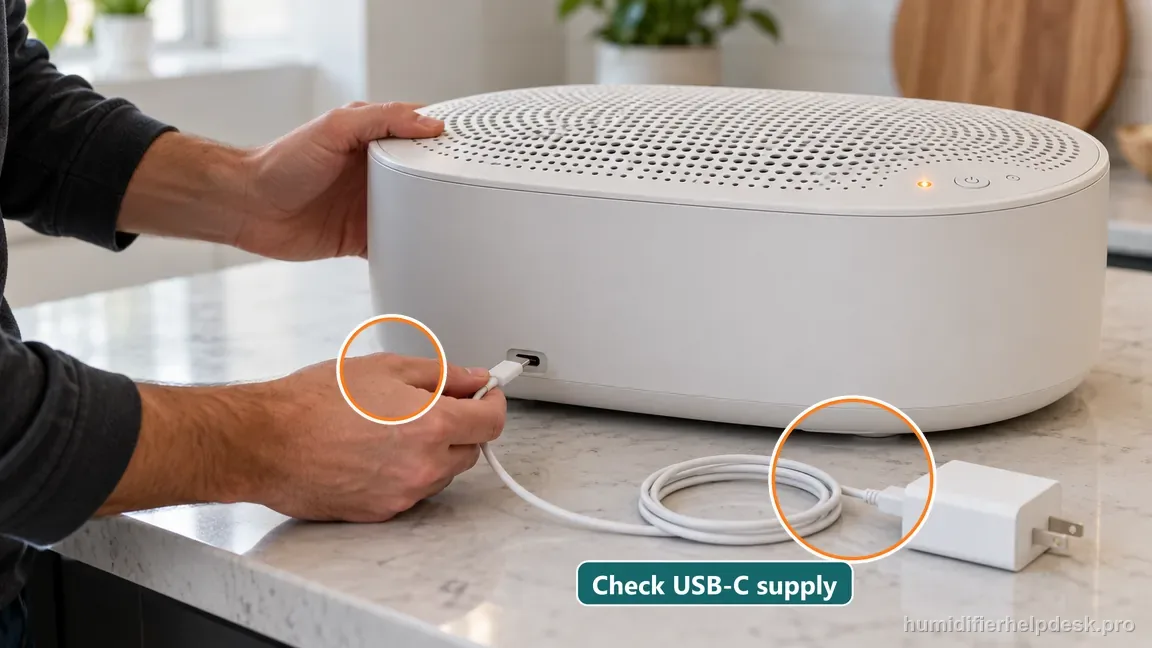 A hand tests the Large Room USB-C cable and power adapter with the unit’s external connection accessible.