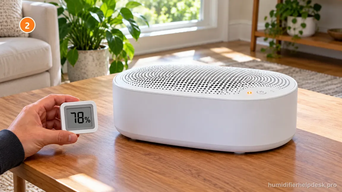 A handheld digital hygrometer reads 78% RH beside the assembled Canopy Large Room humidifier.