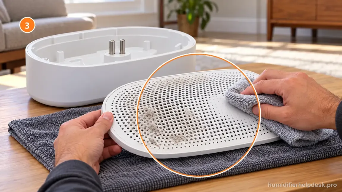 With power disconnected, a hand wipes visible dust from the removable perforated magnetic Canopy Large Room grille.