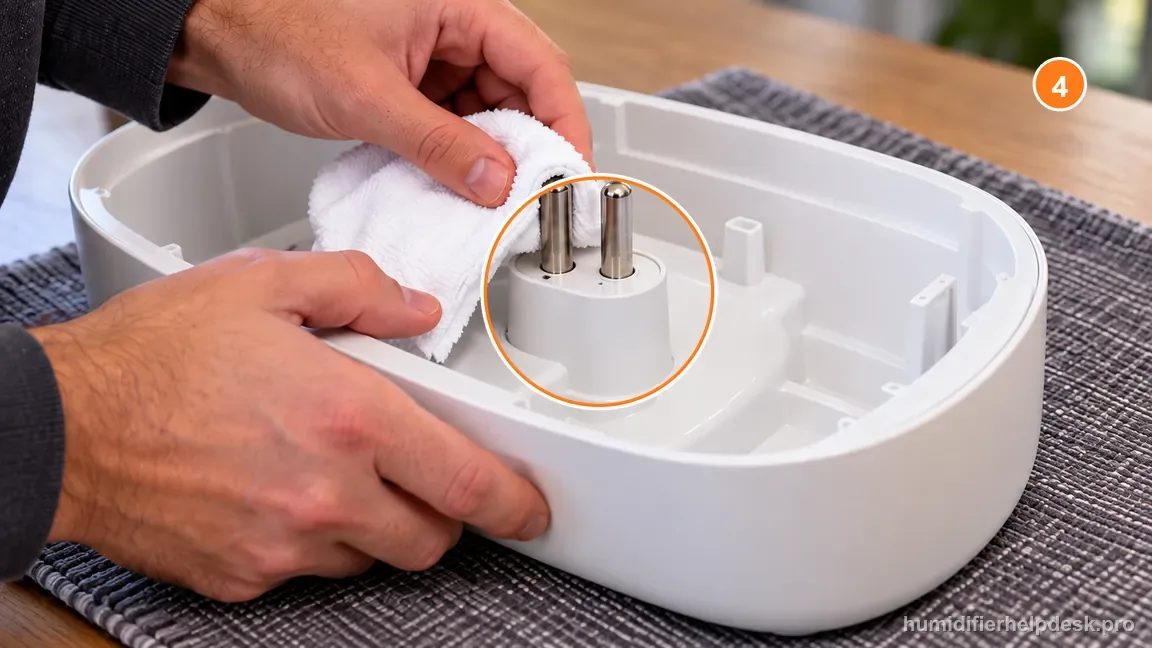 A soft cloth gently cleans the two exposed water probes in the Canopy Large Room tray while the unit is unplugged.