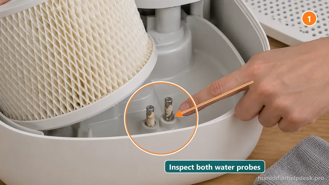 The Canopy Large Room filter is raised to expose both scale-coated metal water-sensing probes in its shallow tray.