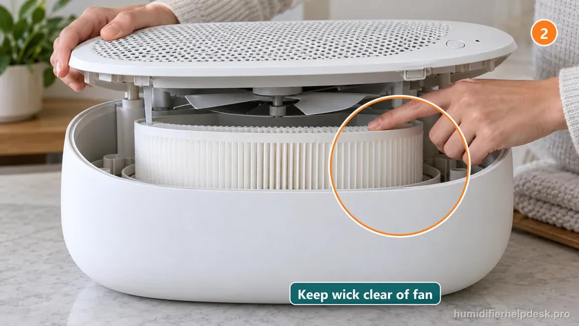 The white Large Room pleated wick sits centered below its internal fan, with the fan-to-filter clearance visible.