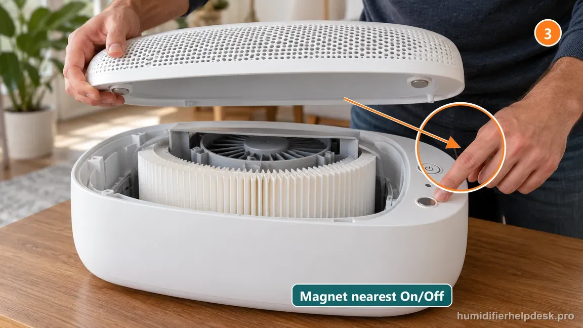 The removable Large Room perforated magnetic grate is held above the unit with its button-side magnet visible.