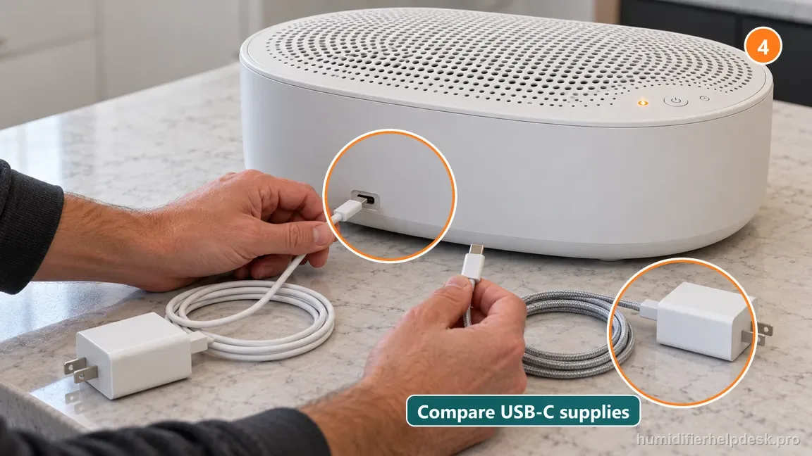 Two compatible USB-C cable and power-brick options are compared beside the exact Canopy Large Room USB-C port.