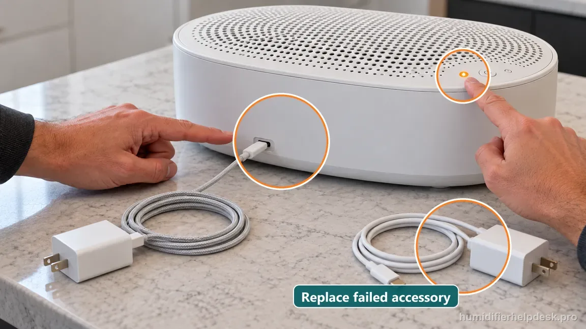 A known-good USB-C lead powers the Canopy Large Room while the original cable and adapter sit disconnected beside it.
