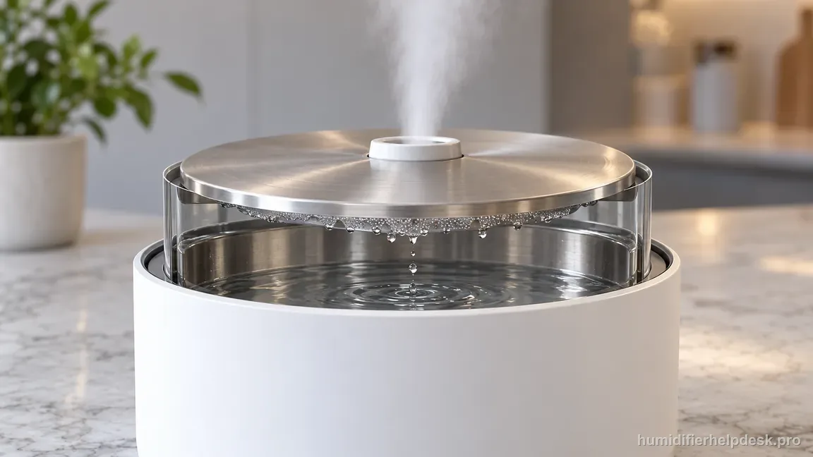 Condensation droplets fall from the inside of the Carepod One stainless inner lid back into the tank while the unit produces steady mist.