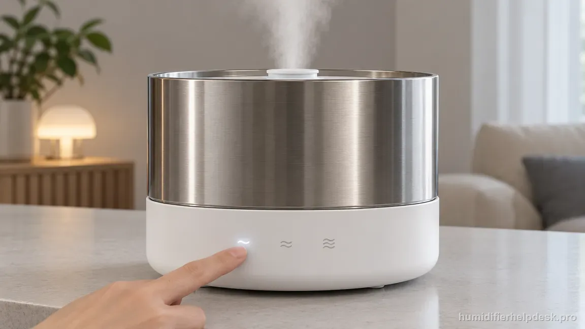 A finger selects the lowest mist output on the Carepod One while a steady mist plume rises.