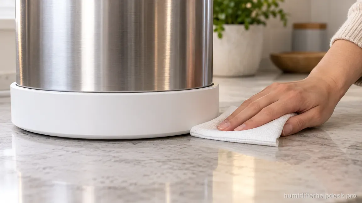 A dry towel checks the countertop around the assembled Carepod One base; the unit exterior and surface remain dry.