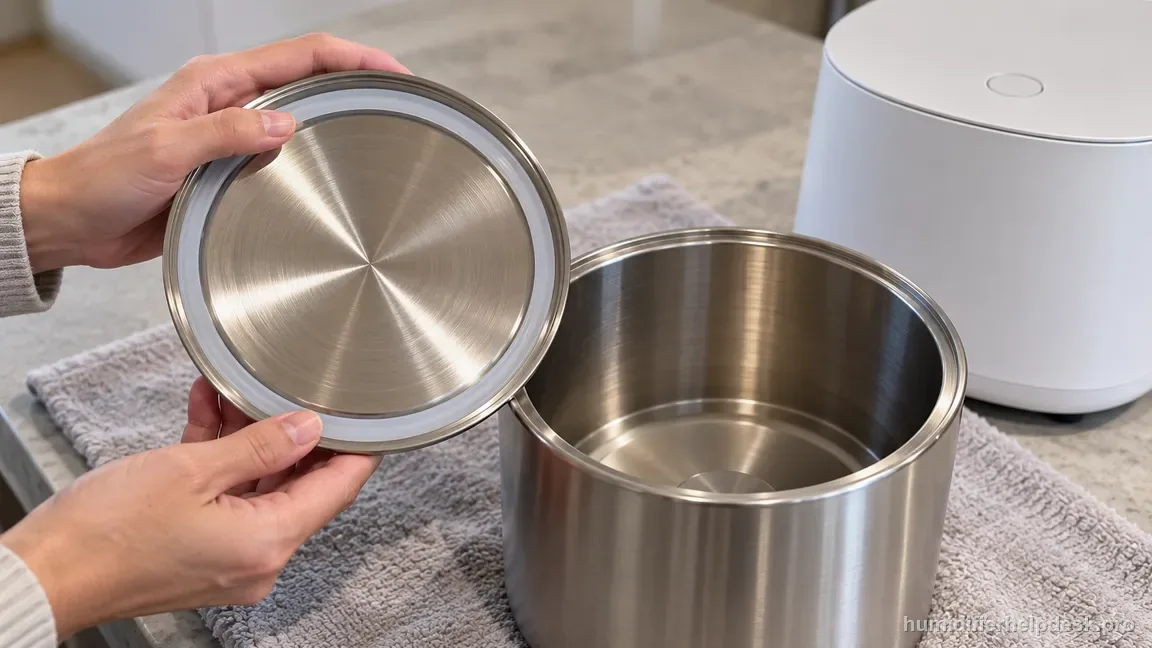 The unplugged Carepod One stainless lid is held beside the open tank to inspect the flat continuous silicone seal and tank lip.