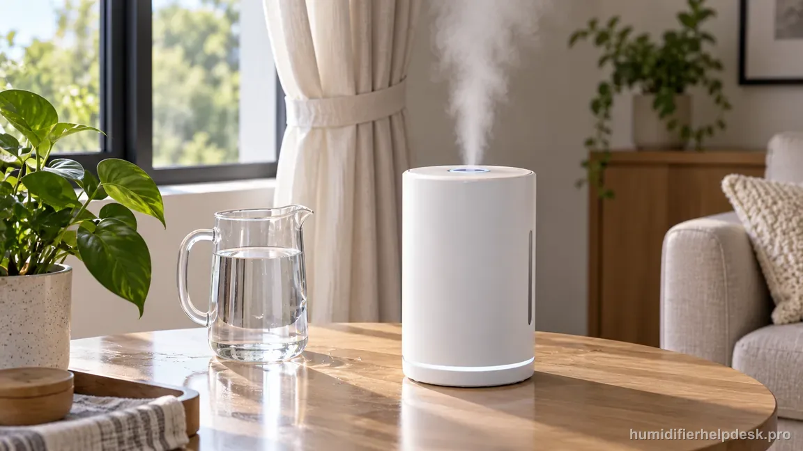 A compact humidifier sits on a firm surface with a cool-water pitcher nearby and curtains pulled away from the inlet.