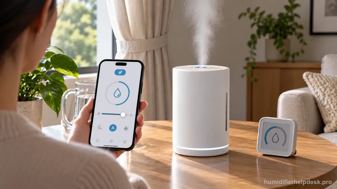 The Dreo HM306S produces a visible mist plume while a phone shows its Auto humidity control beside a room hygrometer.