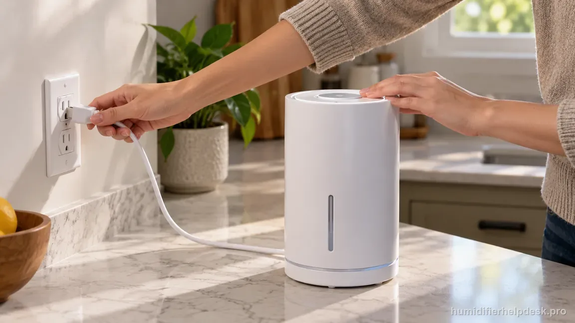 An adult disconnects the dry humidifier plug from the outlet before lifting the tank to handle water.